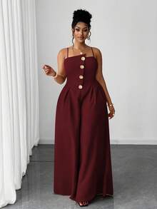 Maweii Plus Size Solid Color Casual Jumpsuit - Burgundy - View 3