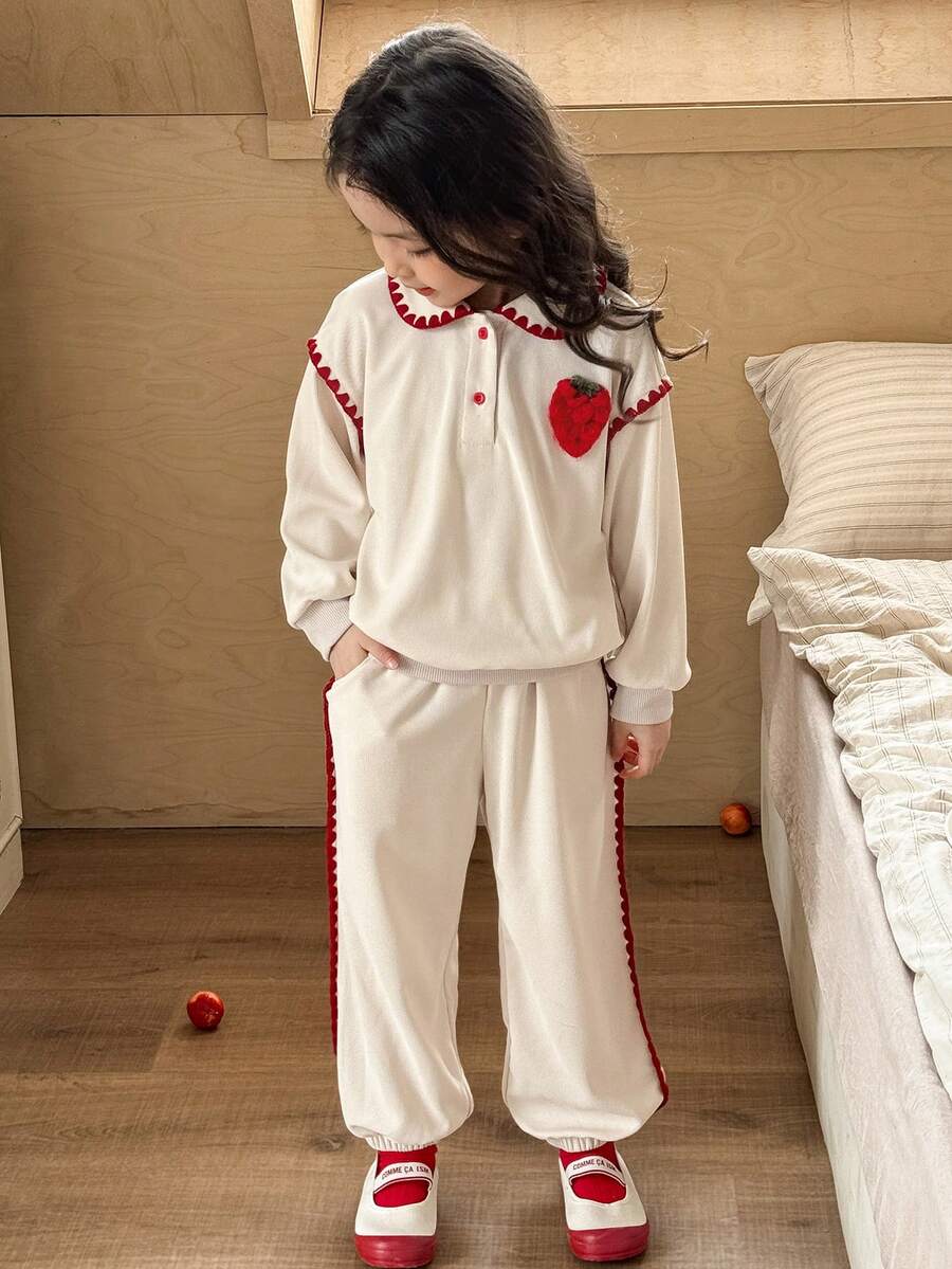 SHEIN Young Girls Casual Collared Pullover Sweatshirt & Tapered Leg Pants Set - Khaki - View 1