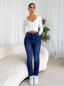 SHEIN Tall Women's Blue Mid-Waist Slim Fit Casual Jeans, Tall Woman, Autumn And Winter Black Thermal Lined Blue Denim Jeans - Blue - View 6