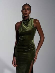 Elitara 优雅荷叶边领露背美人鱼下摆紧身开衩连衣裙，适合婚礼、派对、度假、舞会、伴娘（成人） - 綠色 - 查看 4