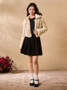 Teen Girl Solid Color Long Sleeve Short Plush Versatile Fashion Winter Jacket Set - Apricot - View 4