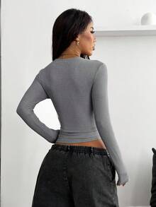 Coolane 女式秋冬街头服饰文艺复兴博览会基本款罗纹针织保暖/寒冷天气/保暖弹力长袖 V 领 T 恤 - 灰色 - 查看 7