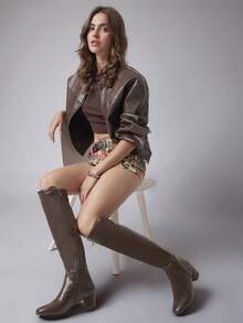 Solezae Women's Fashionable Comfortable Stretch Material Almond Toe Block Heel Over-Knee Boots