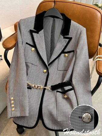 GlowEve Women's Plaid Contrast Trim Button Decor Pocket Elegant Daily Commute Versatile All-Match Black & White Plaid Blazer