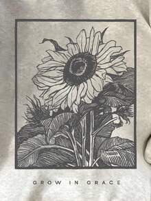 Resyla 女式休闲宽松向日葵印花圆领长袖运动衫，秋冬 - 淺灰色 - 查看 5