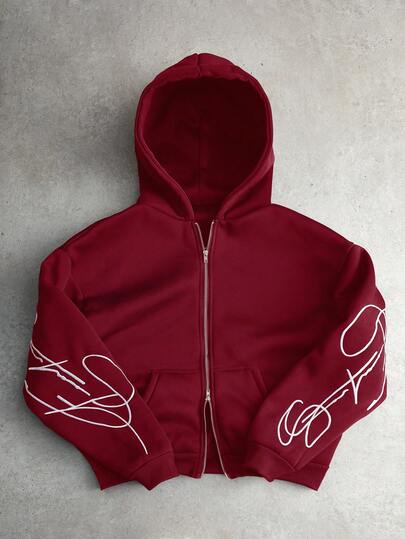 PAVTROS Men's Creative Text Graphic Embroidered Metal Zipper Pullover Hoodie, Dark Red Burgundy Red Zip Up Hoodie, For Christmas, Long Sleeve Top