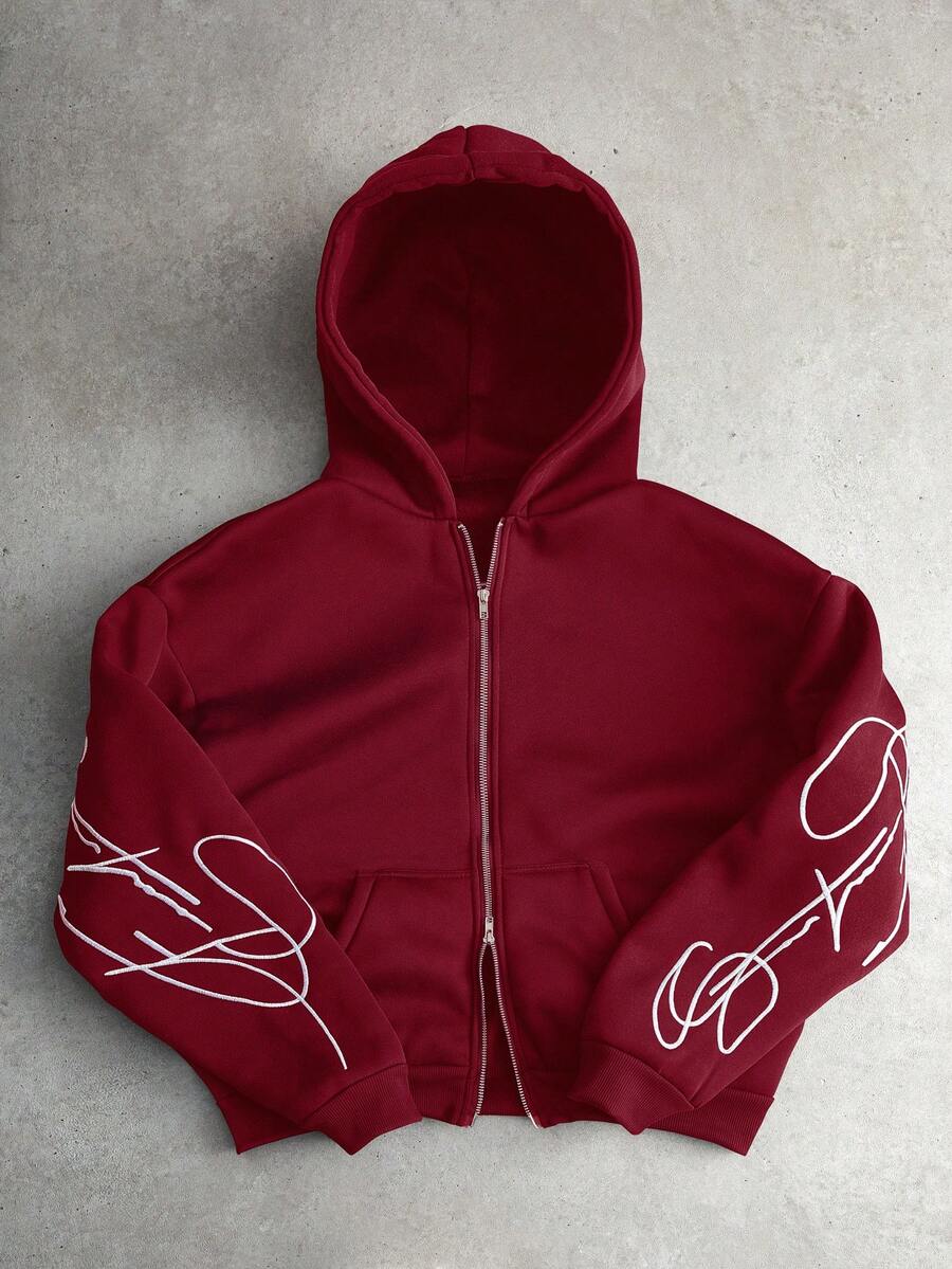 PAVTROS 男士创意文字图案刺绣金属拉链套头连帽衫，深酒红色拉链连帽衫，圣诞节礼物，长袖上衣 - 酒紅色 - 查看 1