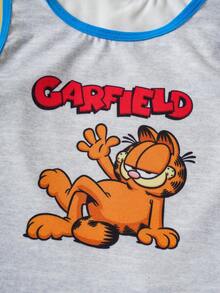 GARFIELD | SHEIN Áo ba lỗ in hình mèo hoạt hình dễ thương cho bé trai thoải mái và quần đùi, mùa hè - Màu xanh hải quân - Xem 6