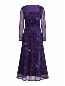 Ellevyn 女式方领荷叶边腰部 A 字长袖闪亮紫色优雅连衣裙，适合日常穿着、派对、秋冬 - 紫色 - 查看 10