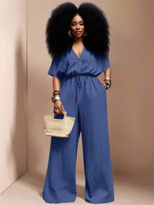 Veslaya Hàng mới về Thu Đông, Quần áo Thu/Đông nữ, Halloween, Lễ hội âm nhạc, Lễ Phục Sinh, Phong cách miền Tây, Phong cách du mục, Tiệc sinh nhật, Lễ tốt nghiệp, Trang phục học sinh, Thường ngày, Kỳ nghỉ, Du lịch tàu biển, Bãi biển, Tắm nắng, Thời trang, Bộ áo liền quần ống rộng màu trắng có họa tiết dành cho nữ cỡ lớn, eo rộng, ống đứng. - Màu xanh hải quân - Xem 1