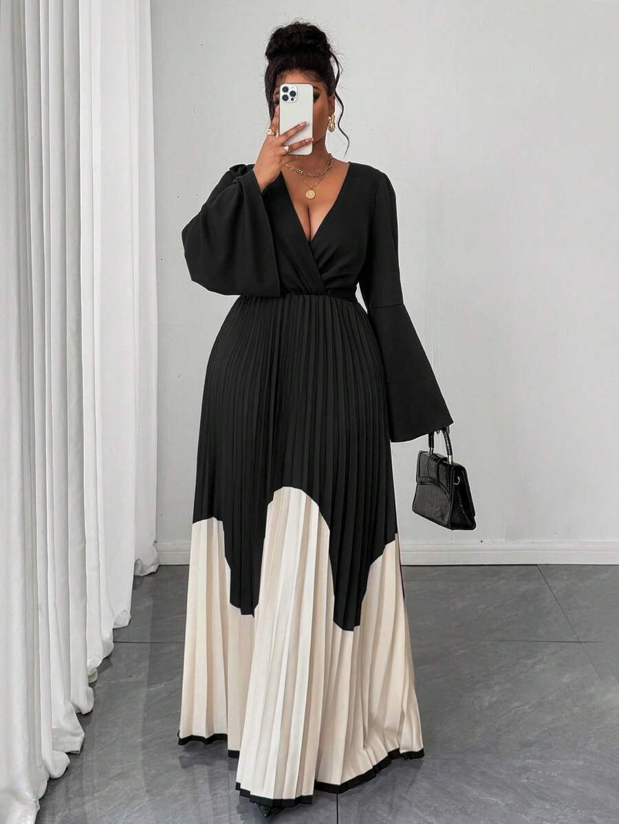 Maweii Elegancka, swobodna, plisowana sukienka maxi dla kobiet w dużych rozmiarach, z dekoltem w serek i długim rękawem, z nadrukiem, jesień/zima