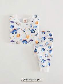 Cozy Pixies Zweiteiliges Pyjama-Set für Jungen mit Cartoon-Tierprint, weichem Strickoberteil mit Rundhalsausschnitt und langen Ärmeln sowie elastischer Hose. Das Set besteht aus einem kuscheligen Baby-Schlafanzug mit langen Ärmeln, einem Baby-Schlafanzug-Set, einem Kleinkind-Schlafanzug-Set und einem Outfit mit Dinosaurierprint.