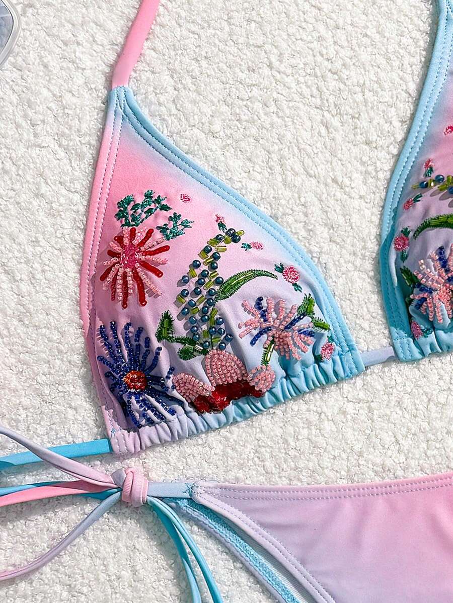 Swim Mod Bộ đồ bơi tam giác đính cườm họa tiết hoa ombre thêu mùa hè mới dành cho nữ, đồ bơi đi biển - Nhiều màu - Xem 1