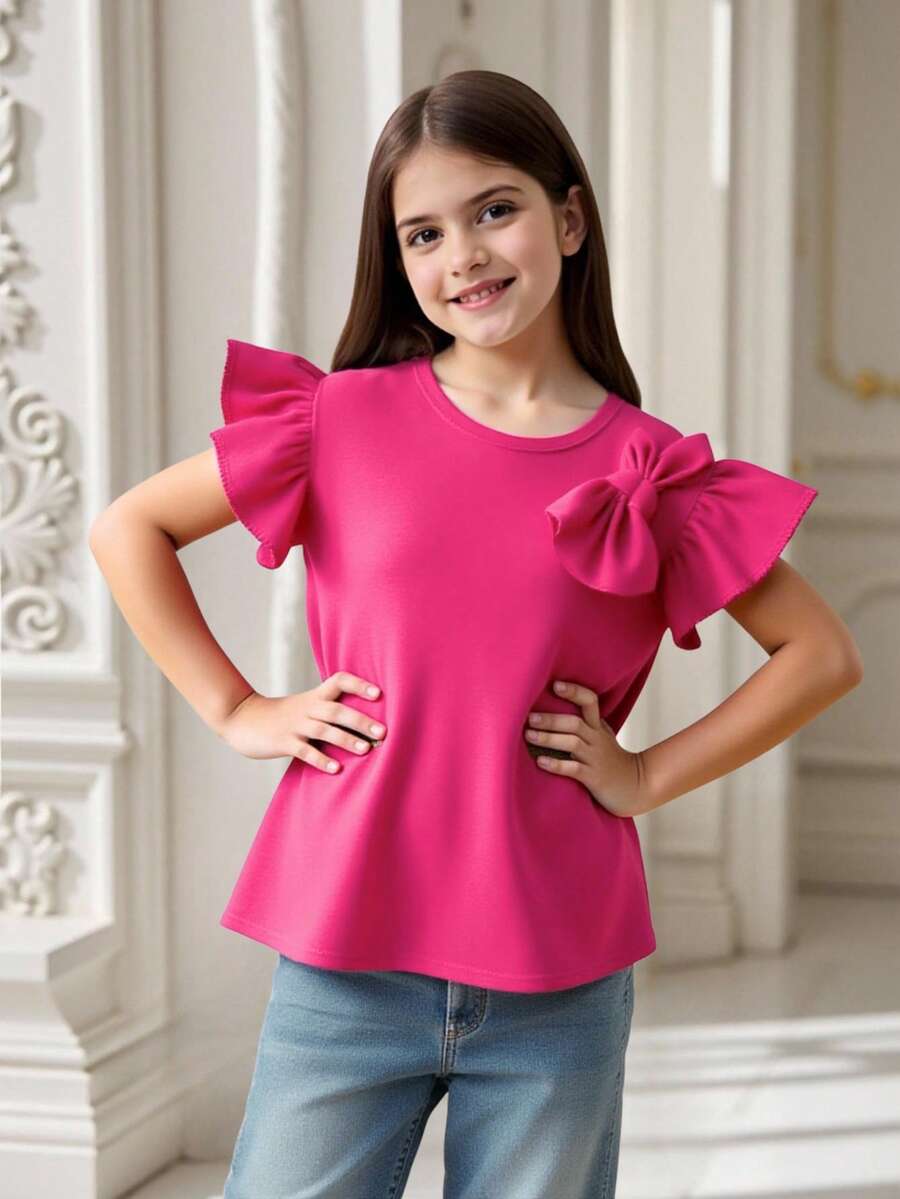 Tween Girl Bow Front Ruffle Trim Tee - Hot Pink - View 1