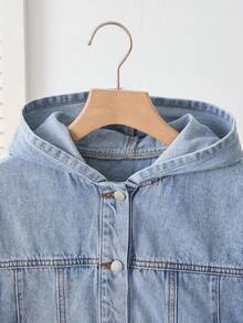 SHEIN 少女时尚休闲 Y2K 复古酷炫街头风返校学院风蓝色牛仔连帽长袖外套柔软日常穿着秋冬秋季锐舞节和街头服饰 - 藍色 - 查看 4