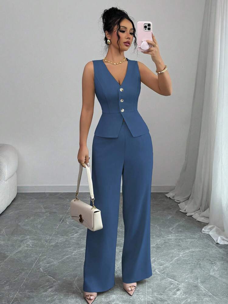 Elenzga Conjunto de mujer de blazer sin mangas elegante, chaleco y pantalón de traje, estilo de negocios/oficina, para el verano - Azul lavado oscuro - Añade 1