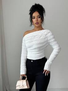 SHEIN Elenzya Elegant Asymmetric Ruffle Long Sleeve T-Shirt With Textured Fabric And Frill Trim, Suitable For Autumn - White - View 6