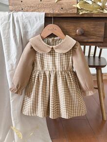 Vintaside Kids Babygirl 女婴秋季翻领长袖时尚千鸟格连衣裙，适合温和秋季天气、旅行、度假、露营 - 彩色 - 查看 3