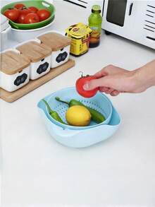 SHEIN A Double-Layer Fruit And Vegetable Washing Basin For Household Kitchen, A Rotatable Filter Basket For Washing Vegetables, A Draining Basket For Draining Water Without Dropping, And A Household Fruit Plate For Living Room - Multicolor - View 10