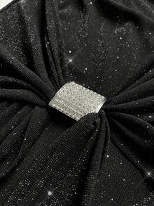 Viva Relle Đầm ôm sát vai cổ lọ tay dài đính sequin ánh kim cỡ lớn, có họa tiết đá pha lê, buộc chéo và dài đến đầu gối, đầm dự tiệc - màu đen - Xem 9