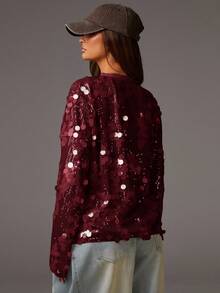 Athîral 女士酒红色深V领亮片裹身衬衫，采用华丽亮片网纱面料，宽松裹身版型，深V领设计，长袖，复古浪漫风格，性感优雅，适合夜店、酒吧、生日派对、下午茶、姐妹聚会以及春秋季日常穿着，亮片上衣，装饰上衣，圣诞节，红色上衣 - 紅色 - 查看 2