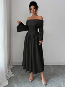 Modelyn Women's Autumn Knitted Lace Patchwork Solid Color Off-Shoulder Long Sleeve A-Line Dress - Black - View 5