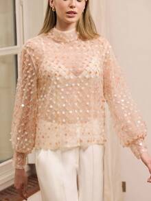 lacRébo Sheer Sequin Embellished High Neck Long Sleeve Top Party Top Sequin Top Pink Top Evening Chic Autumn Winter Premium Top Party Top See Through Tops Shiny Top Sparky Dress Christmas New Year Party Outfits