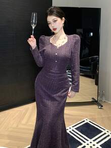 DAZY 优雅泡泡袖褶饰纽扣女式长裙，秋季 - 紫色 - 查看 1