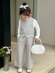 SHEIN 年轻女孩休闲圆领前扣背心和宽松直筒裤套装 - 灰色 - 查看 3
