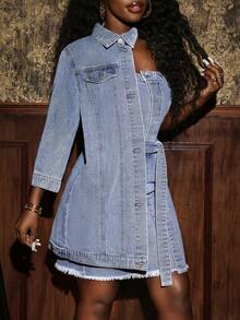 Slaydiva Women's 2 In 1 Design One Shoulder Long Sleeve Side Knot Casual Denim Dress - Blue - View 5