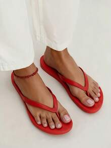 女士夏季沙滩纯色人字拖凉鞋 - 紅色 - 查看 1