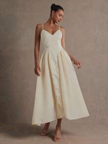 L'Amorae Jacquard Satin Mixed Media Contrast Midi Length Dress Wedding Birthday Graduation - Apricot - View 5