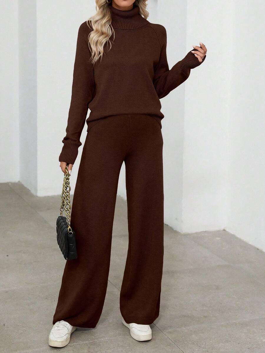 EMERY ROSE Women's Casual Solid Color Turtleneck Sweater And Knit Pants 2 Pieces Set, Autumn/Winter - Rust Brown - View 1