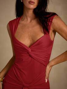 Glamine 女士优雅性感扭纹 V 领束腰长裙（浅黄色），适合派对、日常穿着、花园聚会 - 紅色 - 查看 5