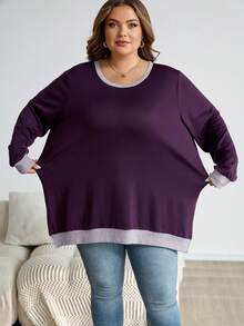 SHEIN CURVE+ Plus Size Casual Colorblock Patchwork Side Slit Sweatshirt, Autumn Holiday/Winter Fall - Burgundy - View 3