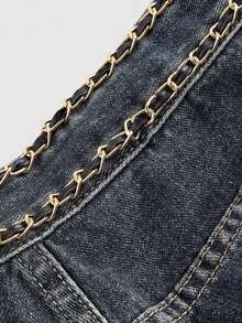 SHEIN MOD 大码时尚链条装饰牛仔裤 - 藍色 - 查看 3