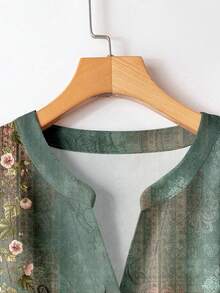 EMERY ROSE 2pcs/Set Women Green Floral Retro Print Cuffed Sleeve Blouse With Pants, Elegant Style, Spring/Autumn, Gift For Mom, Teacher, Fall Autumn And Winter