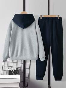SHEIN Mirajuku 2件套男童休闲连帽运动衫和运动裤针织套装，秋冬 - 彩色 - 查看 2