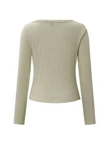 Almamuse 女式甜美蕾丝边长袖 T 恤，修身款三扣休闲白色 T 恤上衣夏季 - 綠色 - 查看 8