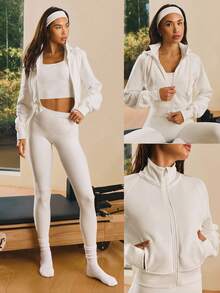 GLOWMODE 羊毛舒适柔软罗纹袖口下摆拇指孔可拆卸风帽短款拉链运动衫日常休闲装 - 白色 - 查看 7