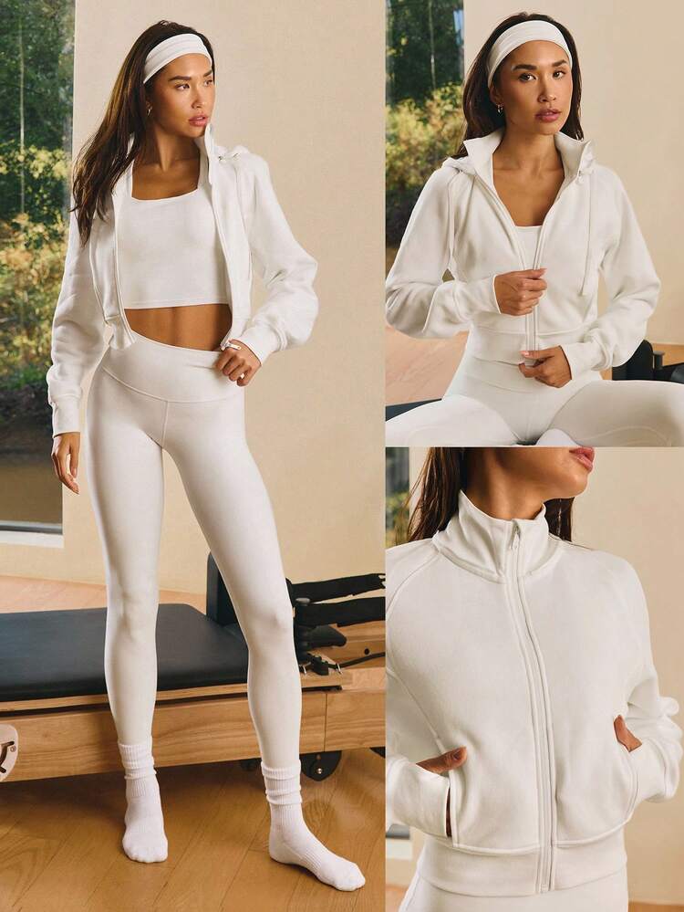 Fleece Cozy Soft Ribbed Cuffs Hem Thumbholes Detachable Hood Cropped Zip-Up Sweatshirt Daily Casual Wear Fall Winter