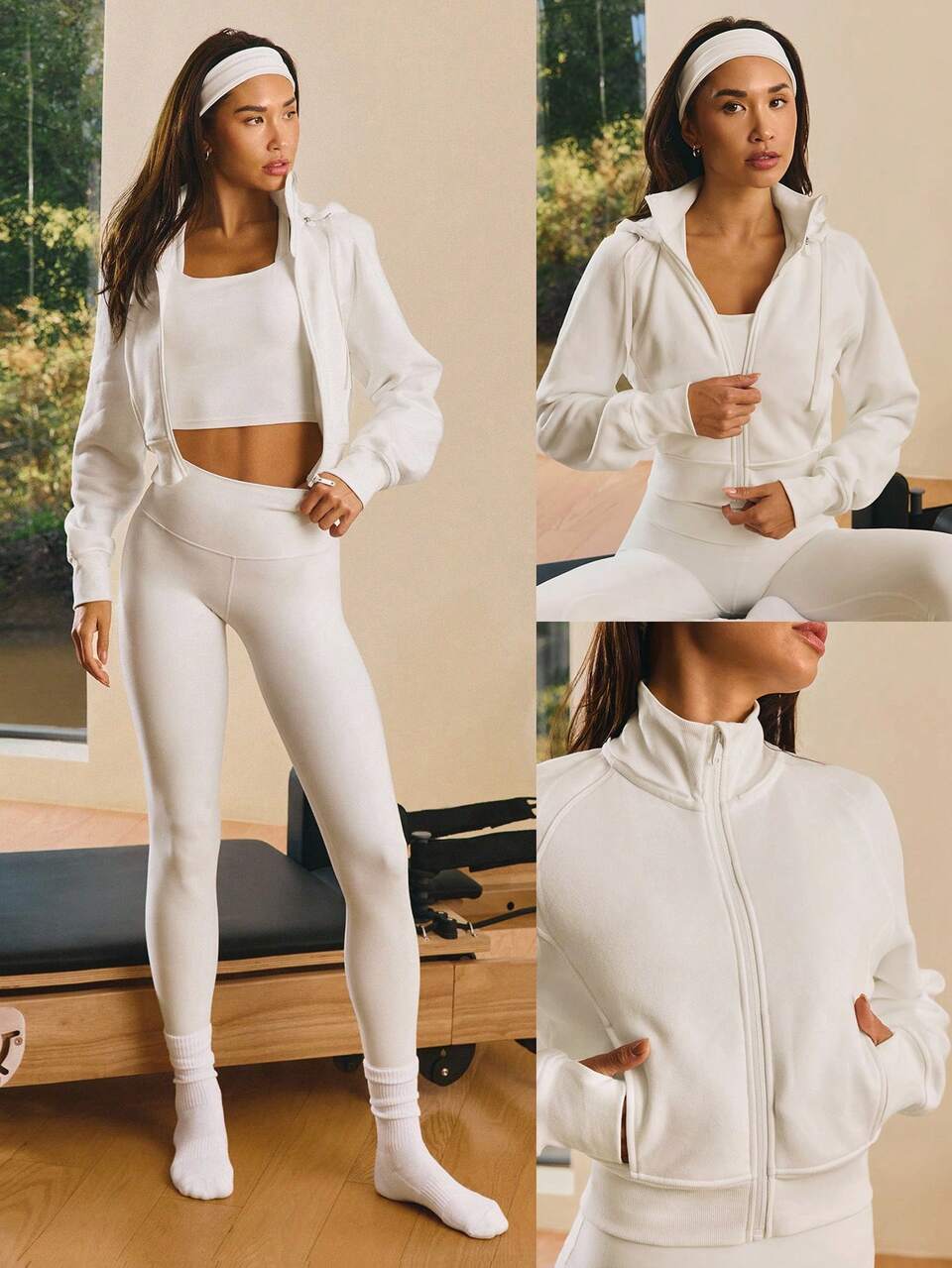 Fleece Cozy Soft Ribbed Cuffs Hem Thumbholes Detachable Hood Cropped Zip-Up Sweatshirt Daily Casual Wear Fall Winter