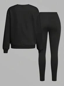 Slaydiva 2 pezzi Set di felpa e leggings casual con stampa leopardata e slogan, adatto per uso all'aperto in primavera/autunno - nero - Visualizzare 3