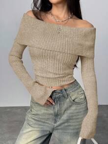 Coolane 女款 Y2K 法兰绒露肩毛衣，白色 - 杏色 - 查看 6