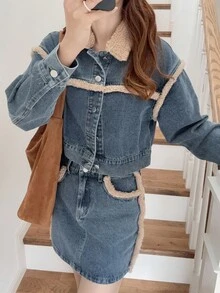 FRIFUL 女式休闲百搭牛仔套装，采用拼布羊羔绒面料 - 藍色 - 查看 6