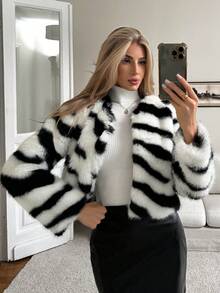 Elenzga Women's Elegant Zebra Print Faux Fur Wavy Casual Loose Short Faux Fur Jacket, Winter - Multicolor - View 5