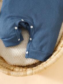 SHEIN 新生男宝宝杏核条纹卡通印花长袖连体衣搭配绿色泰迪熊刺绣肩带连体衣两件套时尚个性可爱秋季新款 - 藍色 - 查看 7