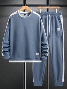 Manfinity Homme Men's Autumn Letter Print Long Sleeve T-Shirt And Drawstring Waist Pants Casual Suit, Cozy Outfits