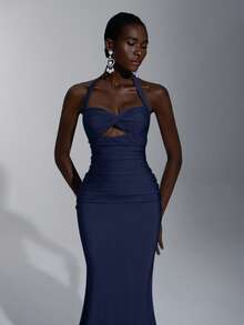 Elitara Bộ đồ bơi dệt kim co giãn màu xanh nhạt sang trọng thanh lịch với chân váy đuôi cá khoét sâu, thích hợp cho đám cưới, tiệc tùng, kỳ nghỉ, vũ hội, váy phù dâu (người lớn) - Màu xanh hải quân - Xem 5