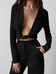 Aloruh كنزة صوفية بولوفر أنيقة باللون المشمشي، تي شيرت طويل الأكمام متعدد الاستخدامات مزين بتصميم عميق على شكل V مع تويست - الأسود - مشاهدة 4